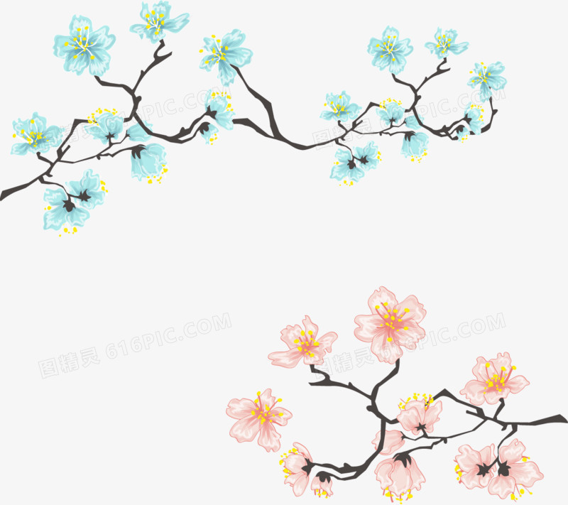 矢量手绘蓝色花朵和粉色花朵