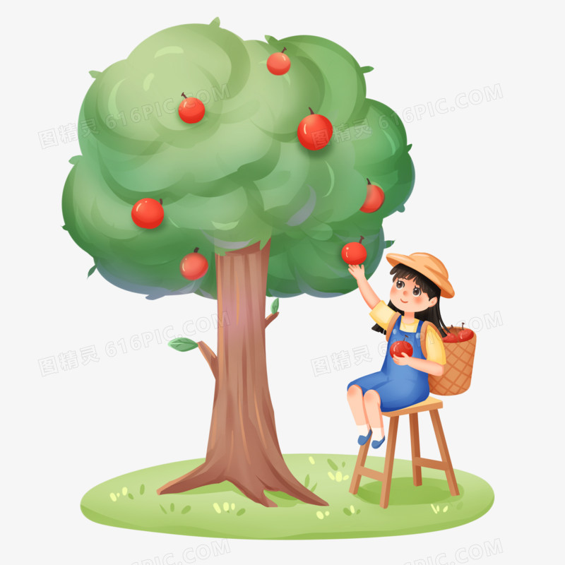手绘插画摘苹果的女孩免抠素材