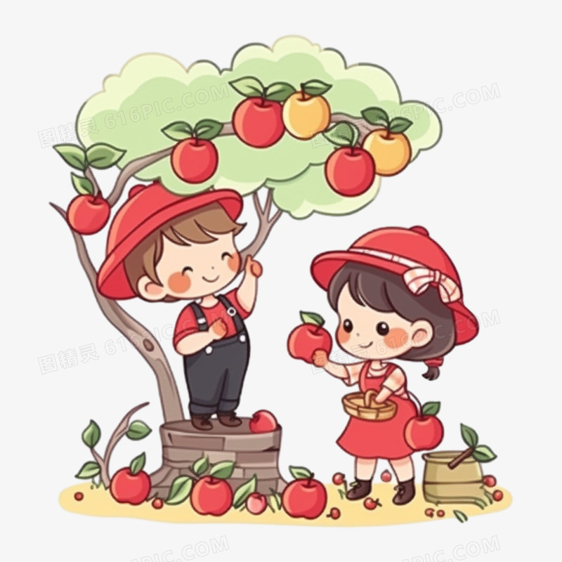 平面卡通两人摘苹果