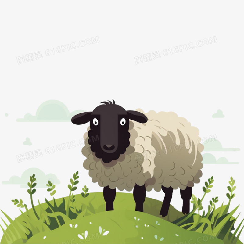插画可爱小羊在吃草免抠元素
