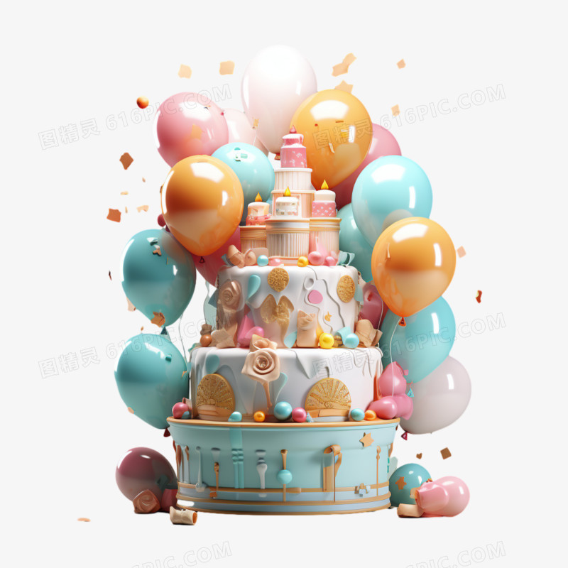 3d立体气球和蛋糕免抠素材