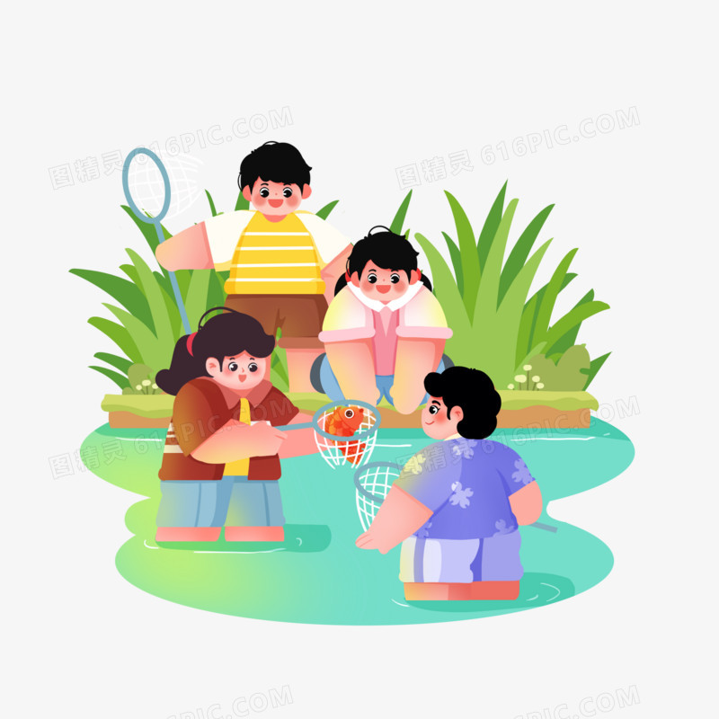 儿童小伙伴池塘河边玩耍捕鱼素材
