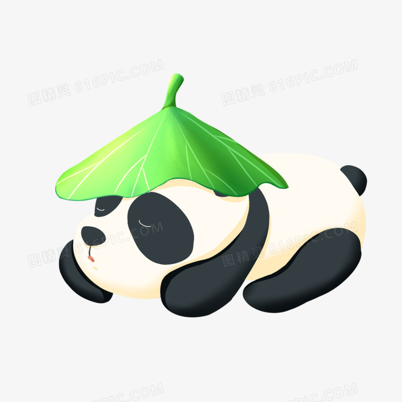 手绘荷叶盖头睡觉的熊猫免抠素材