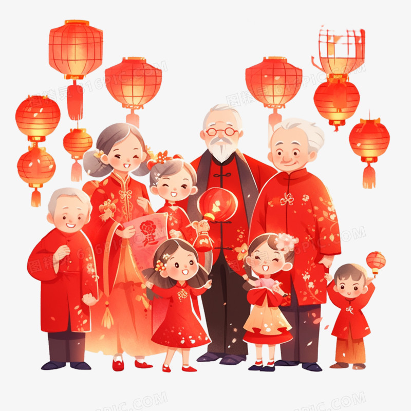 插画风爷爷奶奶一家人过新年免抠素材