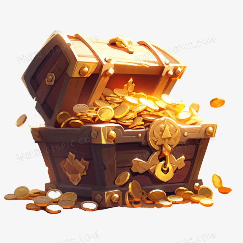 插画风格装满金币的宝箱免抠素材