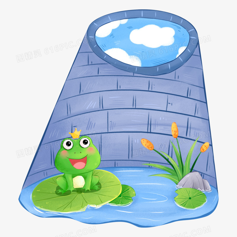 手绘青蛙在井底看天空的场景元素