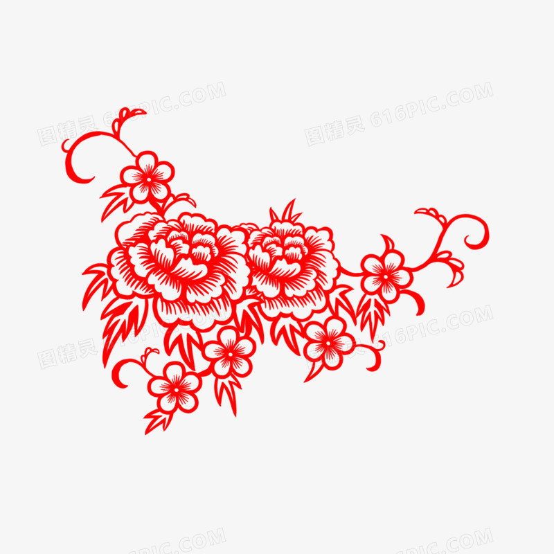 红色剪纸牡丹花装饰元素