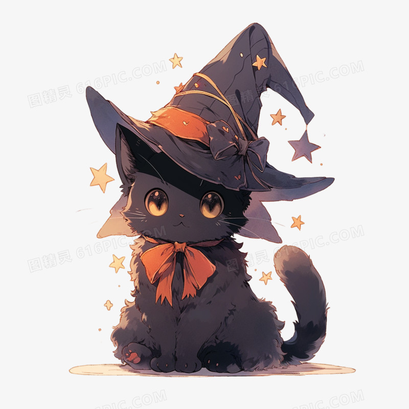 戴着魔法帽的可爱黑猫元素