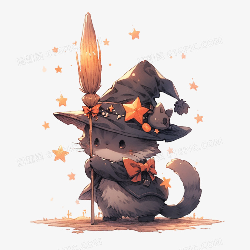 戴着魔法帽的可爱黑猫和魔法扫把元素