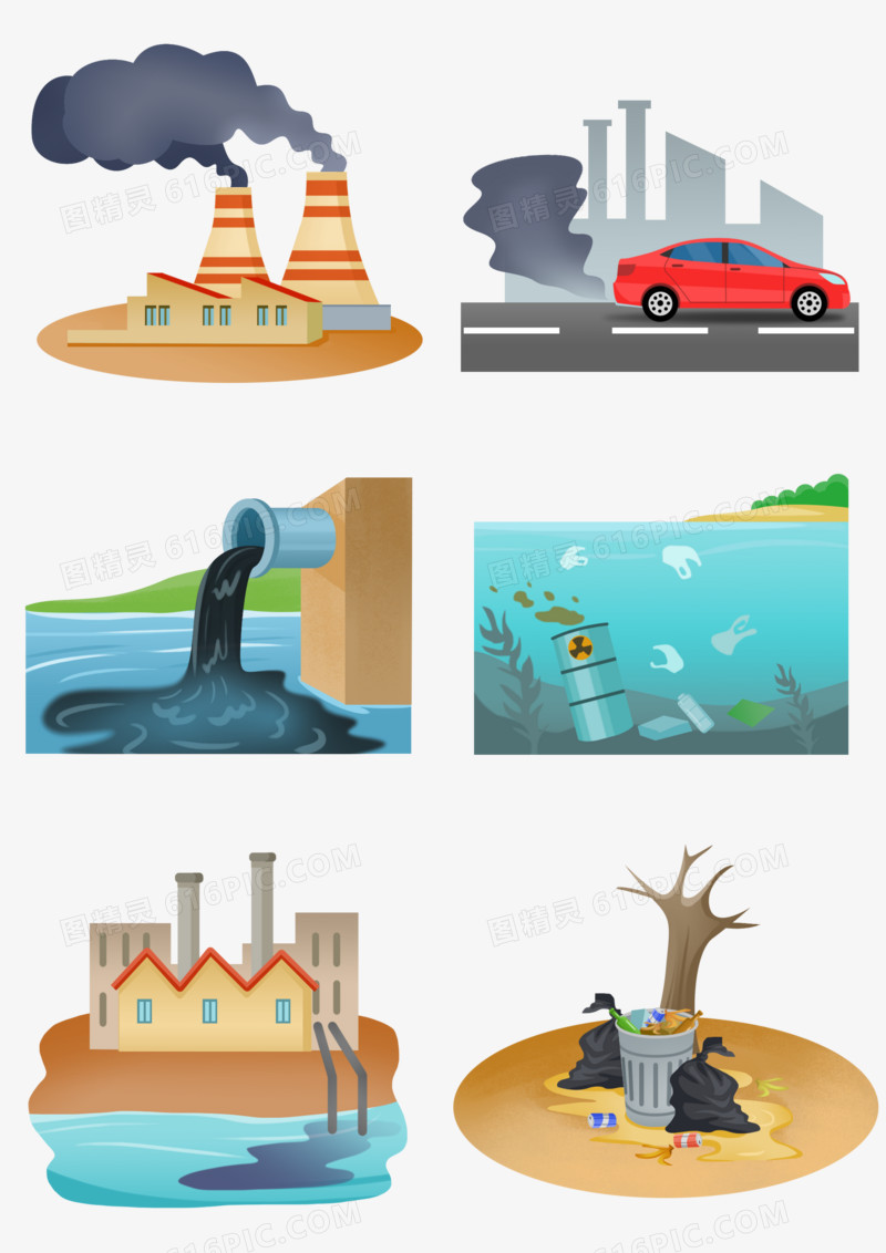 一组手绘地球海洋污染插画套图合集元素