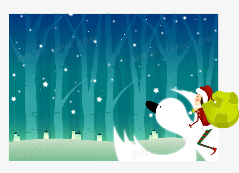 卡通冬天骑着天鹅的圣诞老人