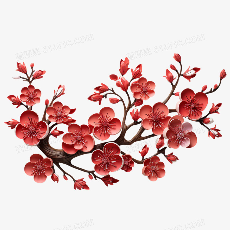 红色剪纸立体红梅花纸艺花朵元素