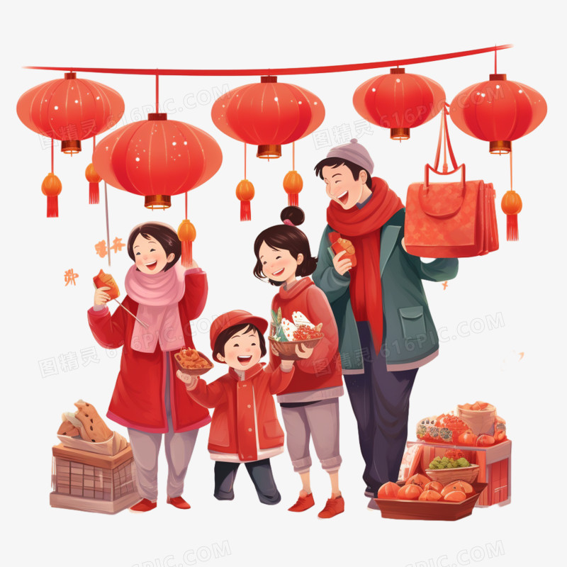 插画风一家人过新年免抠素材