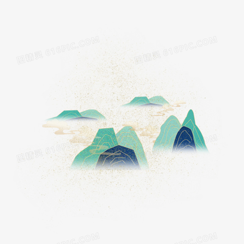 一组手绘中国风青绿山水设计素材三