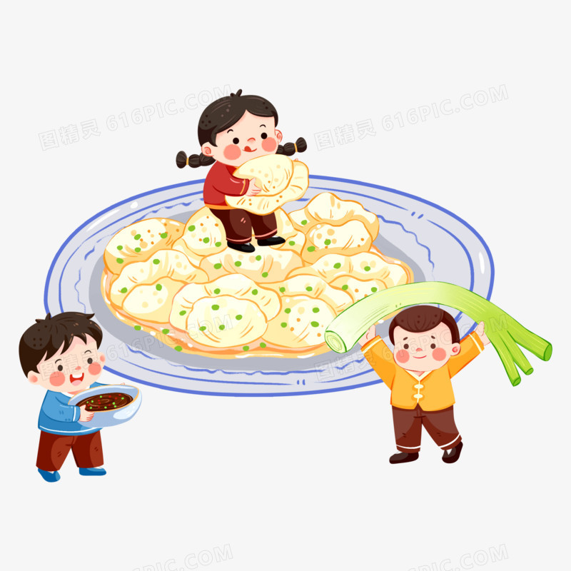 手绘微景观儿童吃饺子场景素材