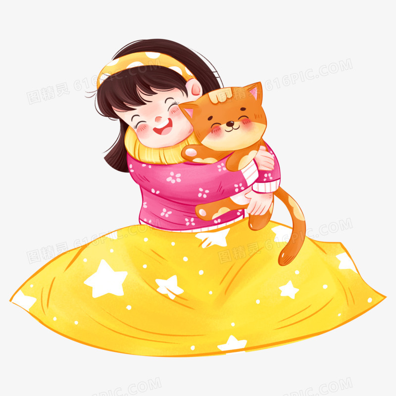 手绘女孩抱着猫咪取暖素材