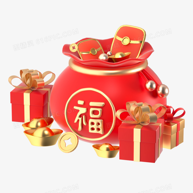 c4d立体中国风喜庆春节红包礼盒福袋模型