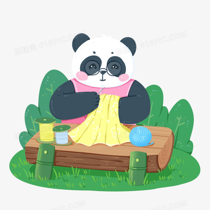 卡通拟人大熊猫缝补缝衣服素材