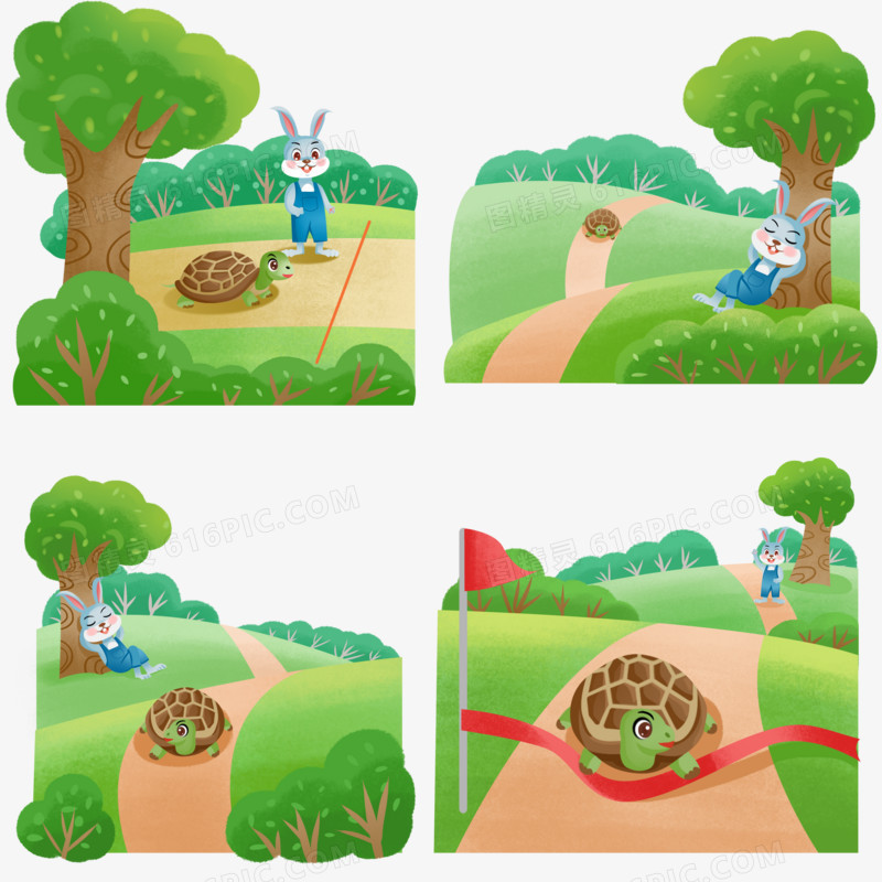一组手绘插画龟兔赛跑套图合集元素