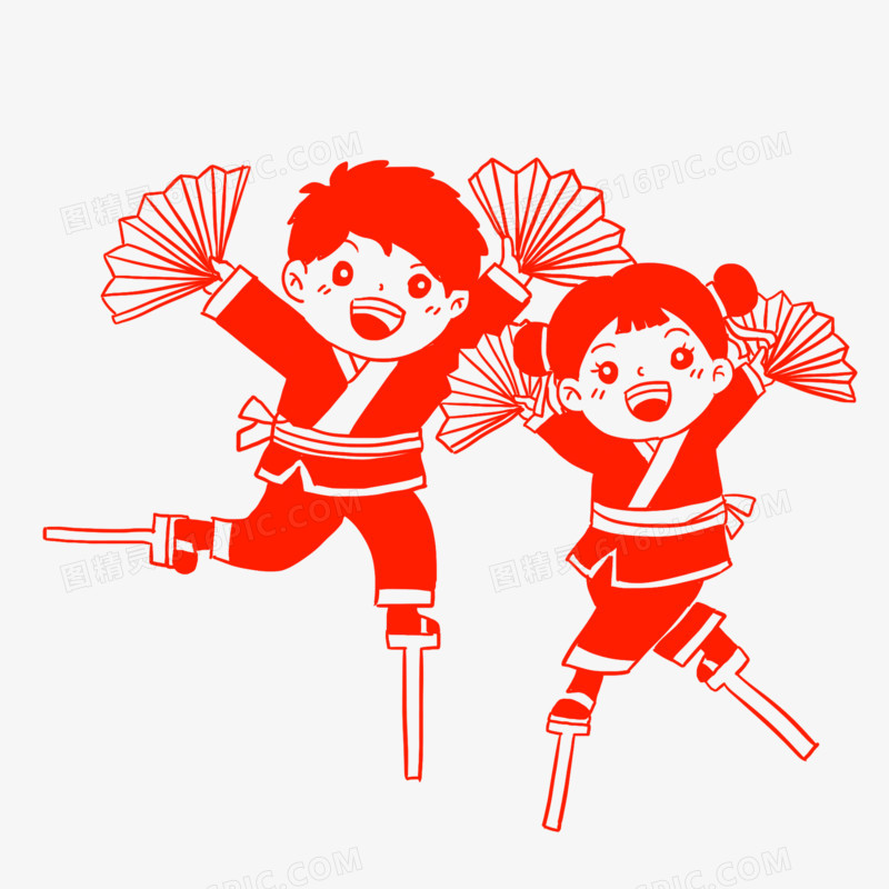 手绘卡通剪纸踩高跷免抠元素