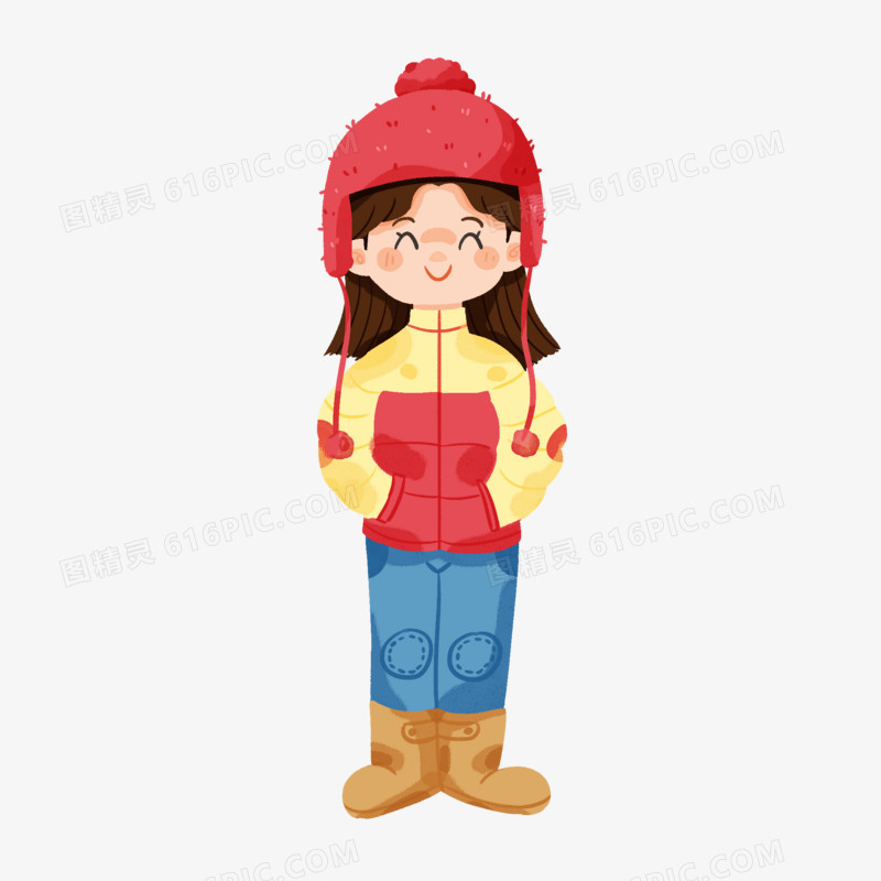 卡通女孩穿着冬季服装元素