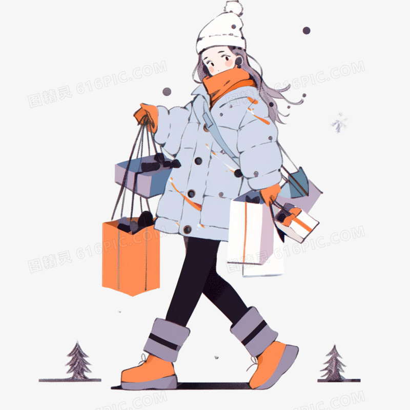 插画冬天美丽可爱女孩外出购物免抠元素