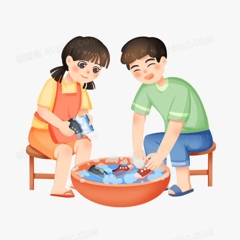 手绘插画两个孩子一起洗鞋子免抠素材