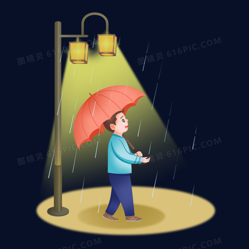 手绘插画雨天下的路灯元素