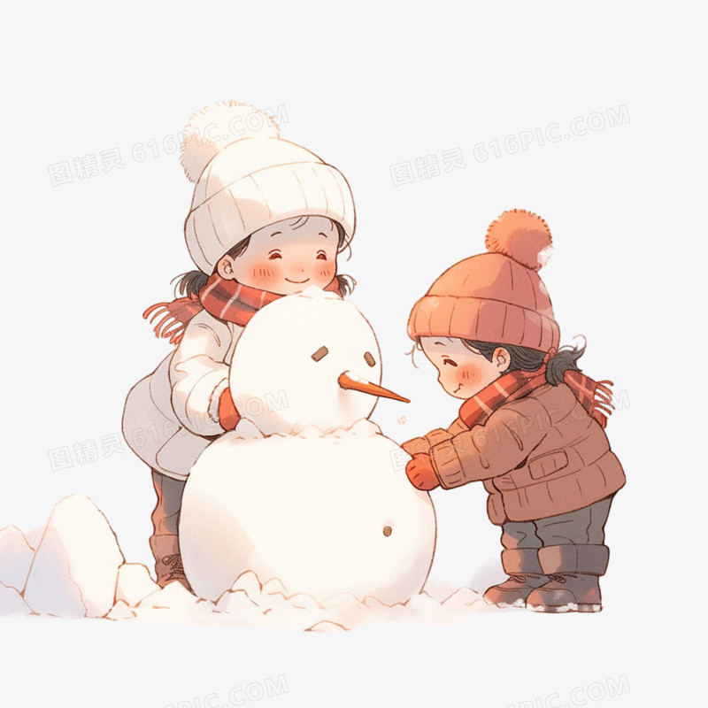 插画可爱冬天两个小朋友堆雪人