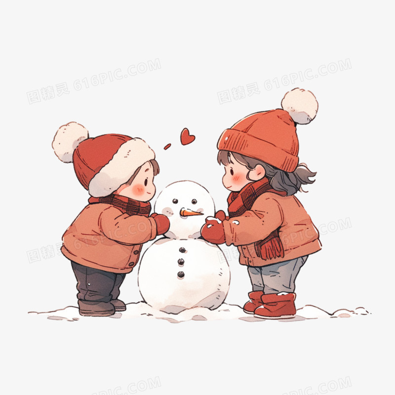 插画可爱冬天两个小朋友堆雪人