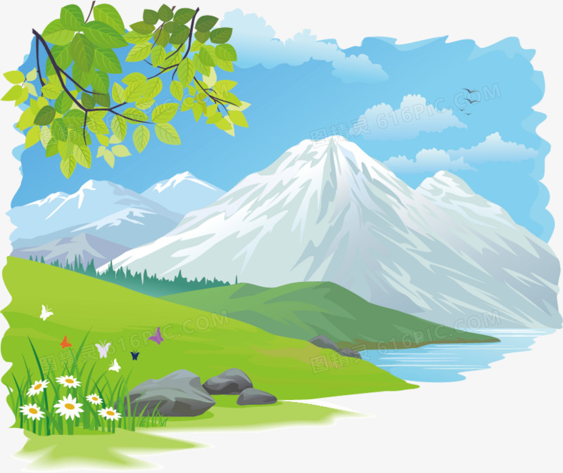 自然风景美丽雪山湖泊野花草地蓝天自然景观卡通画背景