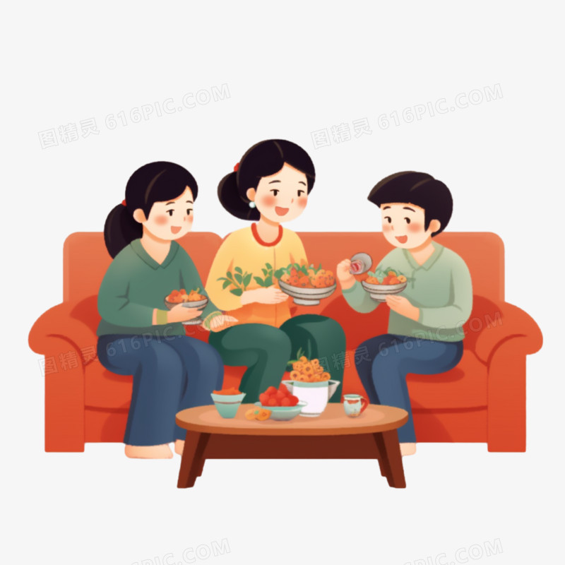 插画一家人坐在沙发上免抠元素