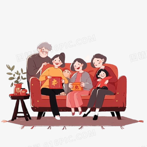 插画一家人坐在沙发上免抠元素