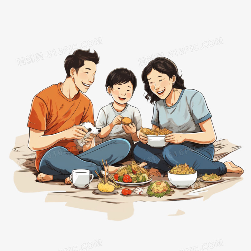 手绘一家人坐在一起吃饭免抠元素