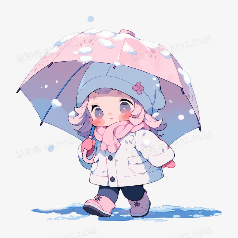 小女孩雪中撑伞插画