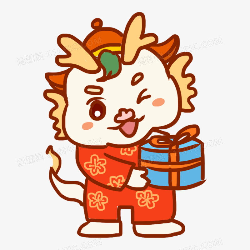 手绘卡通龙一家人买年货免抠元素三