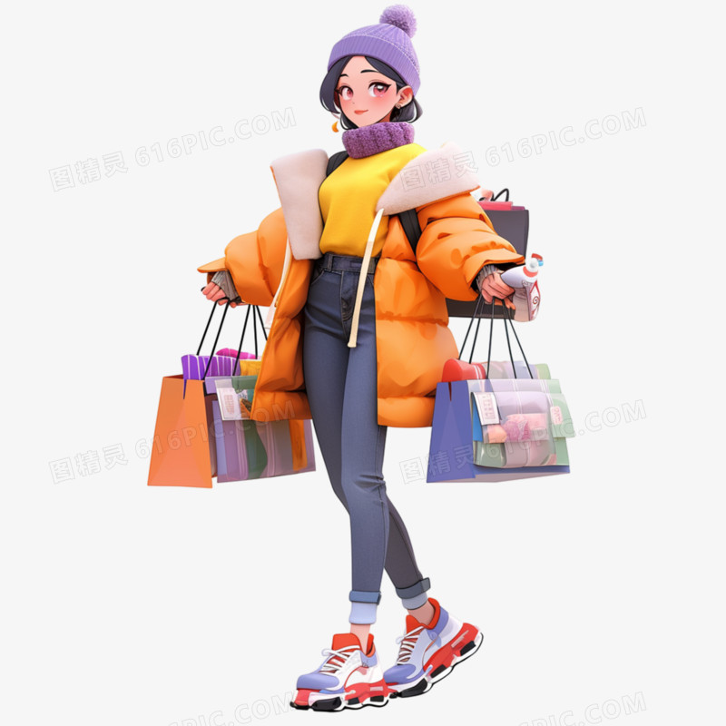 3D女人冬装购物免抠元素