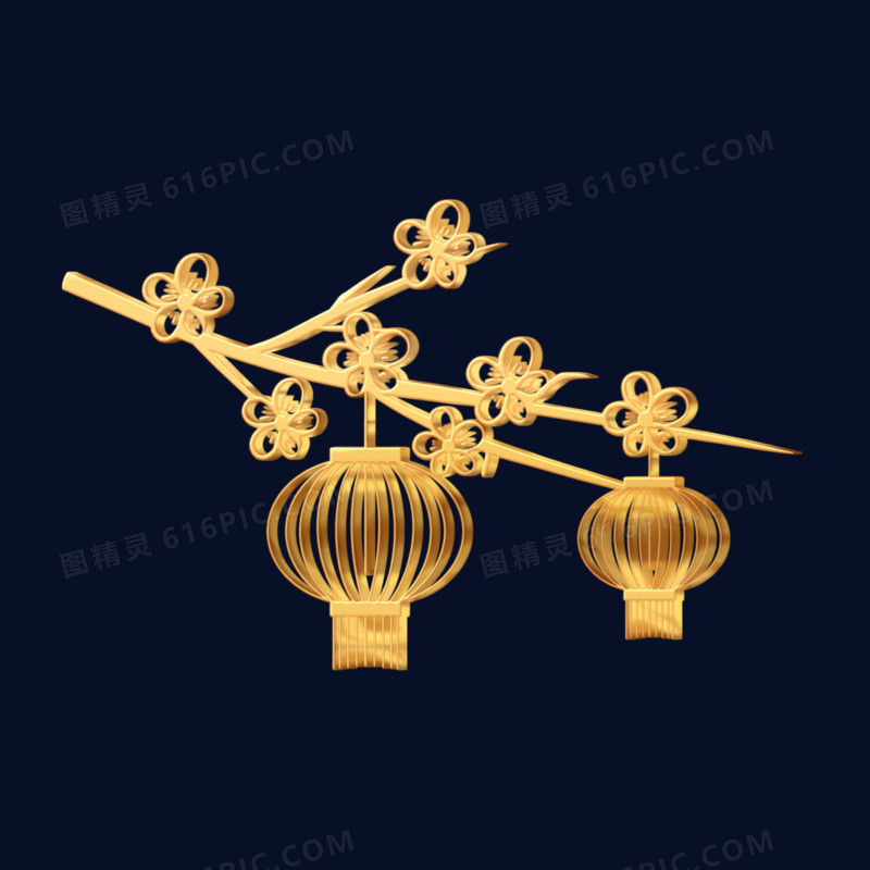 金色立体设计梅花灯笼剪纸装饰素材