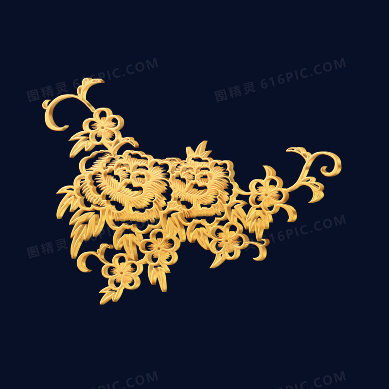金色剪纸牡丹花立体设计装饰元素