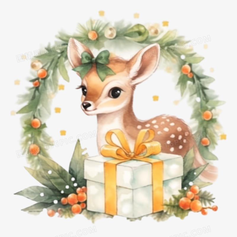 插画水彩圣诞小鹿免抠元素
