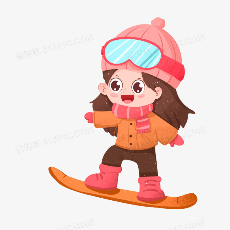 手绘冬天小女孩滑雪免抠元素