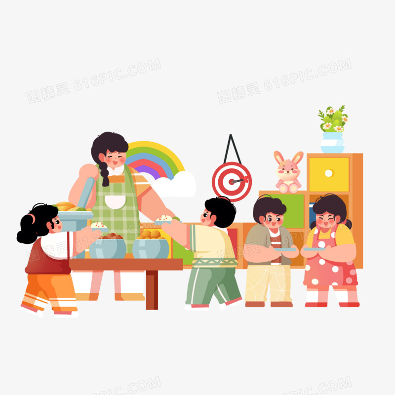 创意插画幼儿园学生儿童排队打饭吃饭元素
