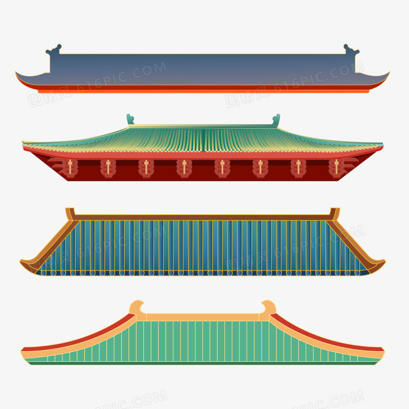 一组手绘中国风古代建筑瓦片屋檐套图合集素材