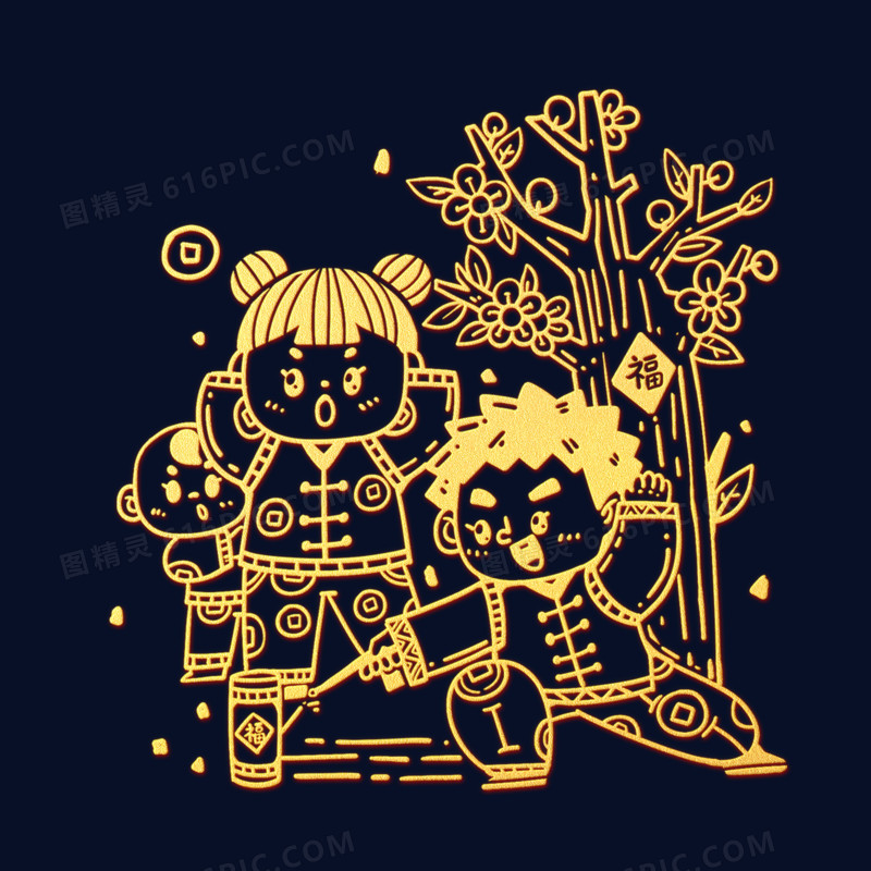 一套中国风传统金色剪纸新年活动放鞭炮