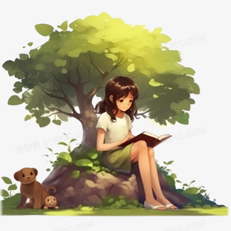 插画风女孩在树下看书免抠元素