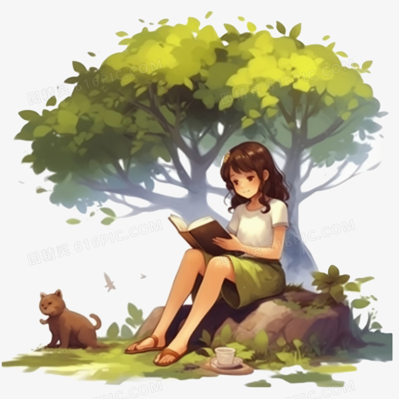 插画风女孩在树下看书免抠元素