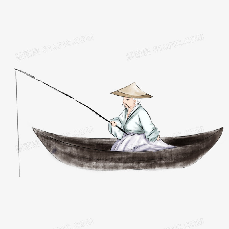 水墨老翁在船上垂钓免抠插画元素