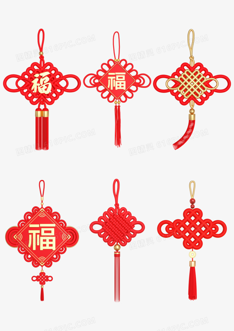 一组c4d红色中国结传统春节装饰元素合集