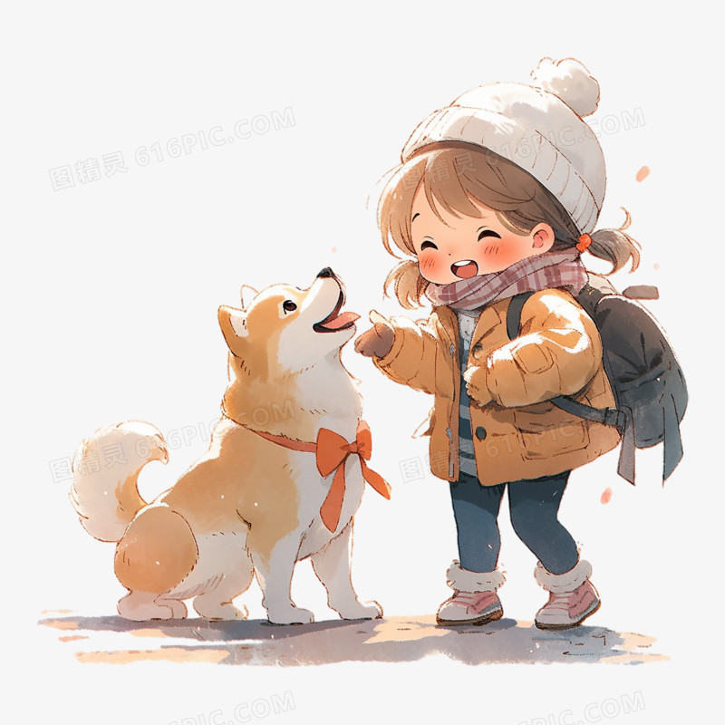 冬天小女孩和狗插画
