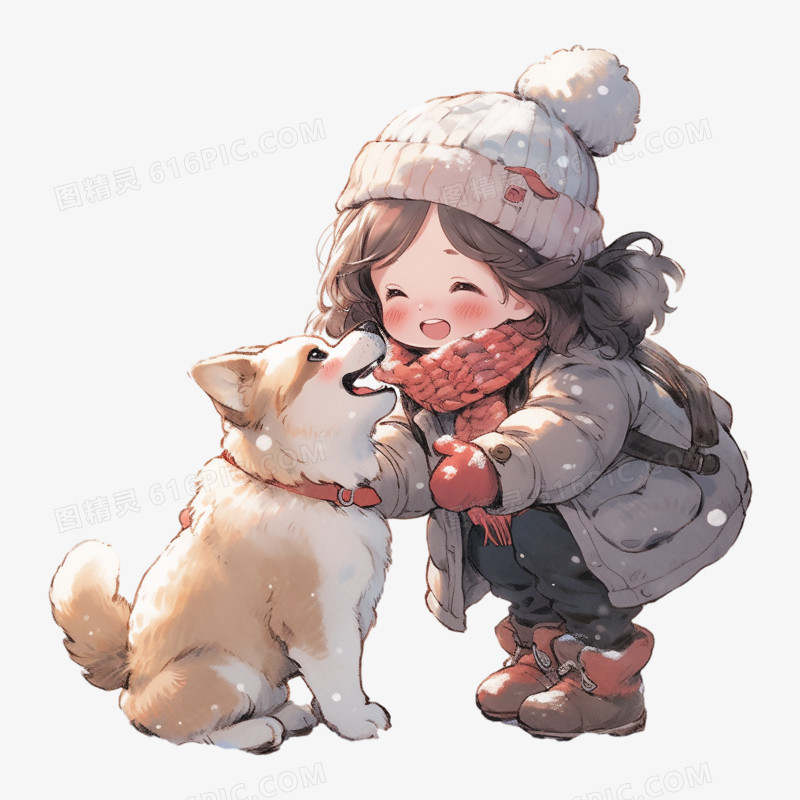 冬天小女孩和狗狗可爱互动插画